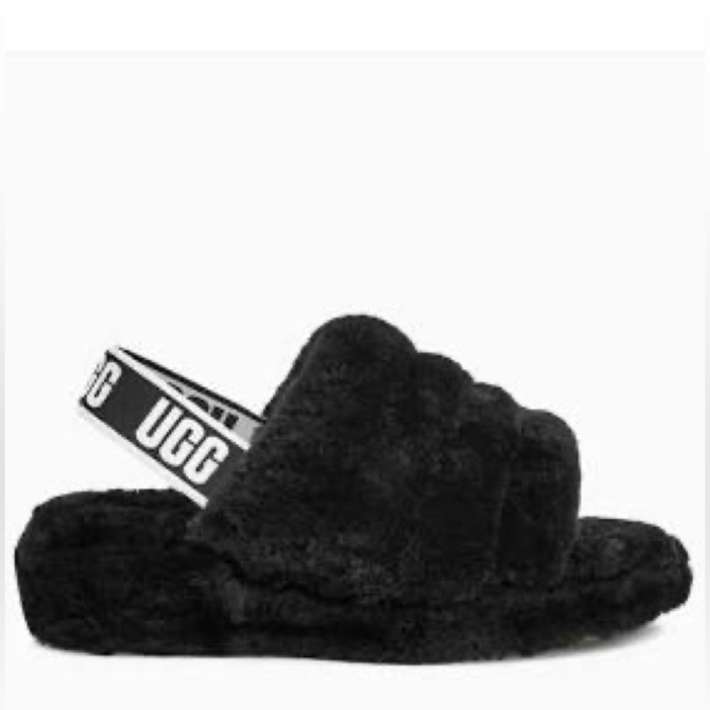 UGG Black Fluffy Slides with Logo Strap